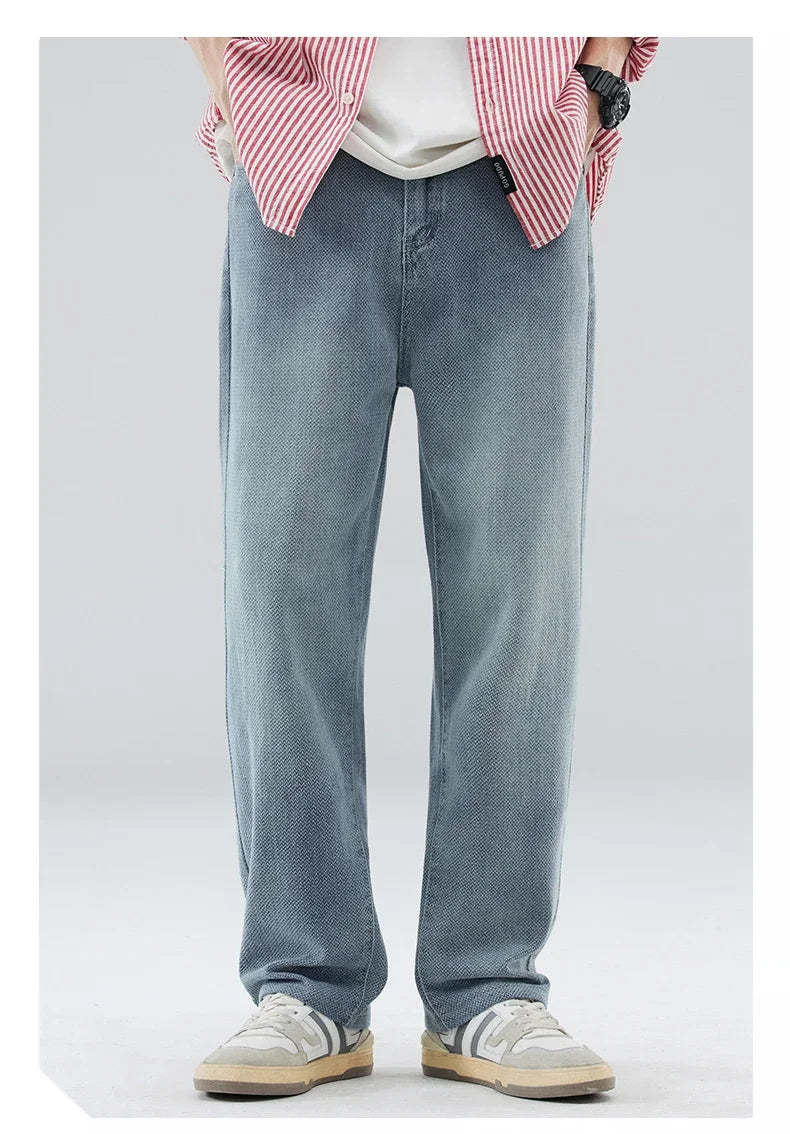Vintage Men’s Baggy Jeans – Korean Style Starry Sky Fabric, Straight Fit Casual Denim Trousers, High Street Personalized Pants