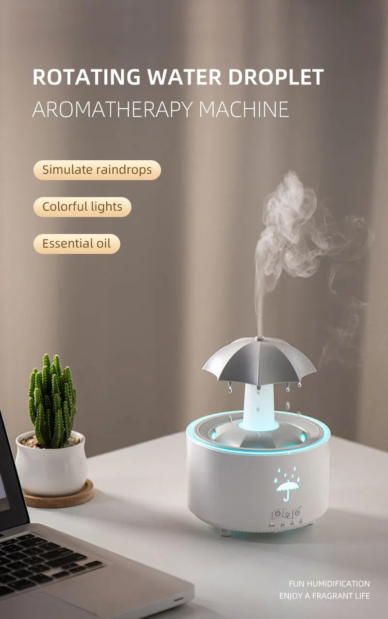 Cloud Rain Aroma Diffuser with Humidifier, Raindrop Design, Remote-Controlled Night Light, Desktop Water Fountain with Soothing Water Drop Sounds for Home Use