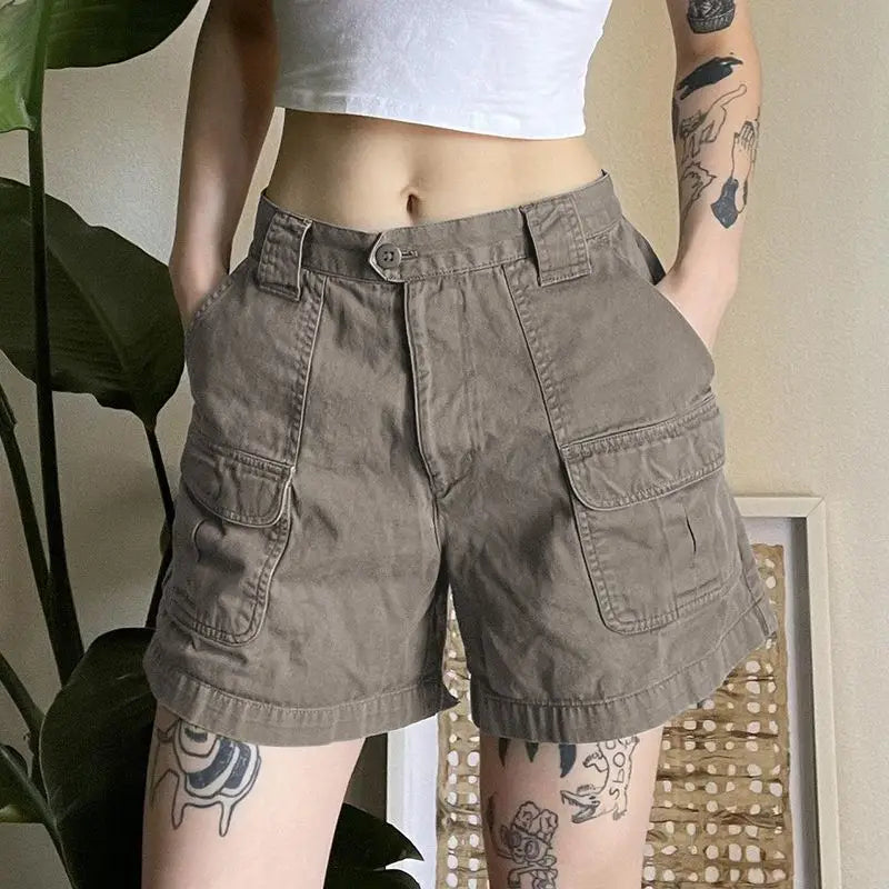 Women's Retro Mid-Waist Cargo Shorts – Casual Summer Streetwear with Pockets