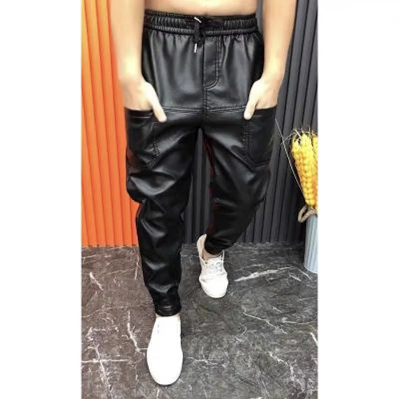 Men’s Slim Fit Faux Leather Jogger Pants with Elastic Waist & Zipper Pockets – Black Streetwear Pencil Trousers