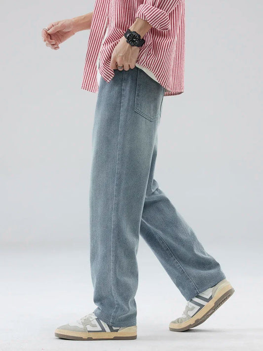 Vintage Men’s Baggy Jeans – Korean Style Starry Sky Fabric, Straight Fit Casual Denim Trousers, High Street Personalized Pants