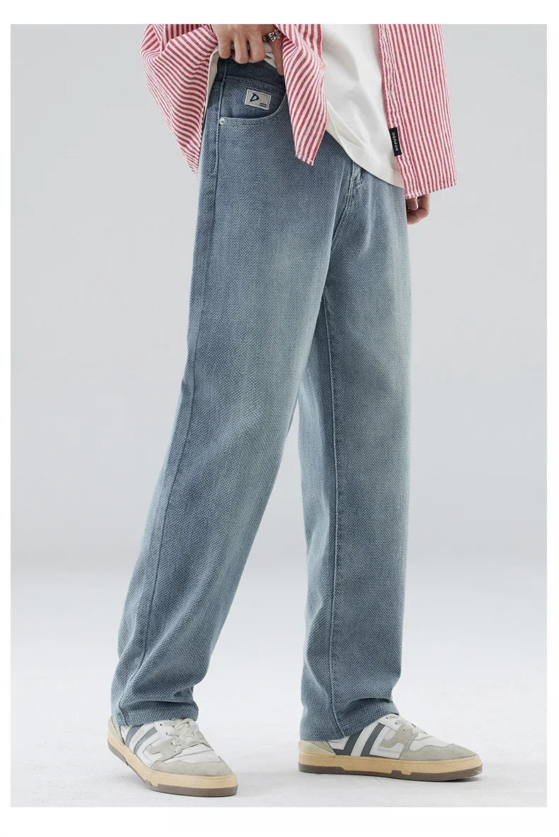Vintage Men’s Baggy Jeans – Korean Style Starry Sky Fabric, Straight Fit Casual Denim Trousers, High Street Personalized Pants