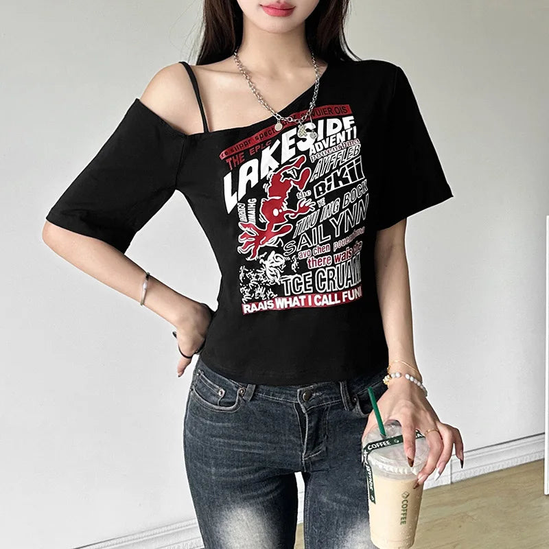Y2K Off-Shoulder Gothic Crop Tee – Women’s Punk-Inspired Letter Print T-Shirt, Harajuku Aesthetic Grunge Streetwear, Slim Fit Summer Top
