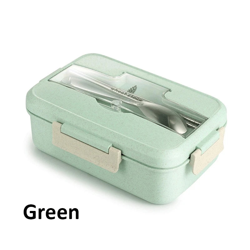 Microwaveable Bento Lunch Box with Spoon & Chopsticks – Wheat Straw Food Container for Kids, School & Office