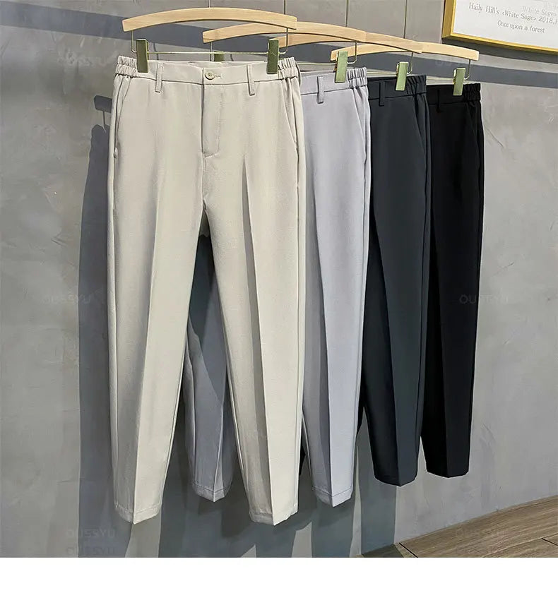 2025 Spring-Summer Men's Slim Fit Casual Business Jogger Pants with Elastic Waist, Available in Plus Sizes 40 and 42, Black