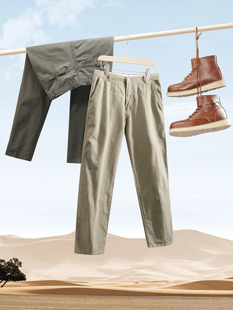 Men's Solid Cotton Straight-Leg Chino Pants – Business Casual Trousers with Belt, Ideal for Autumn & Winter – Classic Formal Style for Adults & Seniors