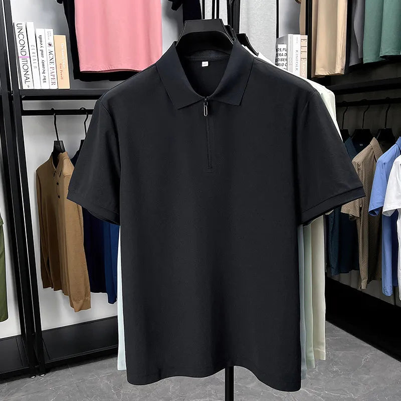 Men’s Slim Fit Half-Zip Polo Shirt – Light Beige Stretch Cotton Casual Top with Classic Collar