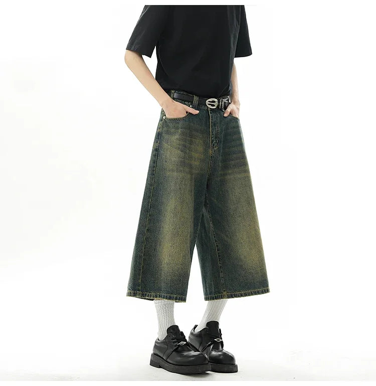 Men's Baggy Denim Shorts – Retro Y2K Casual Wide-Leg Calf-Length Jeans for Summer Streetwear