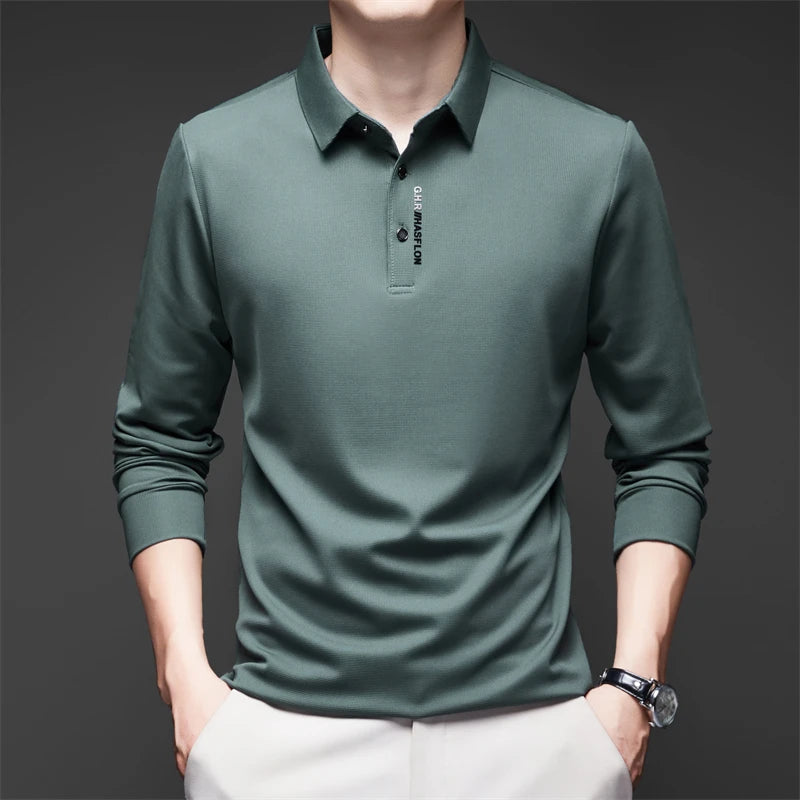 Men's Long Sleeve Polo Shirt – Solid Color, Business Casual, Stylish & Breathable Shirt with Badge Design