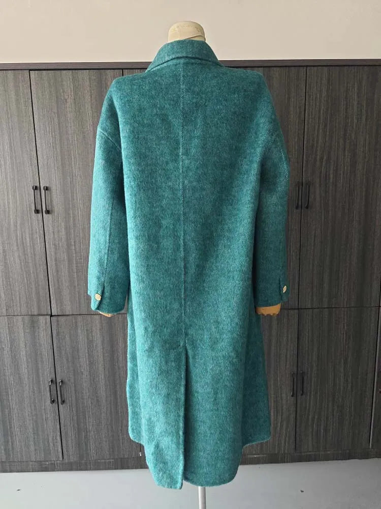 ZMEENNA Elegant Blue Wool Blend Long Winter Coat for Women – Double-Breasted Lapel Overcoat with Loose Fit and Warm Design (Model ZM3425)