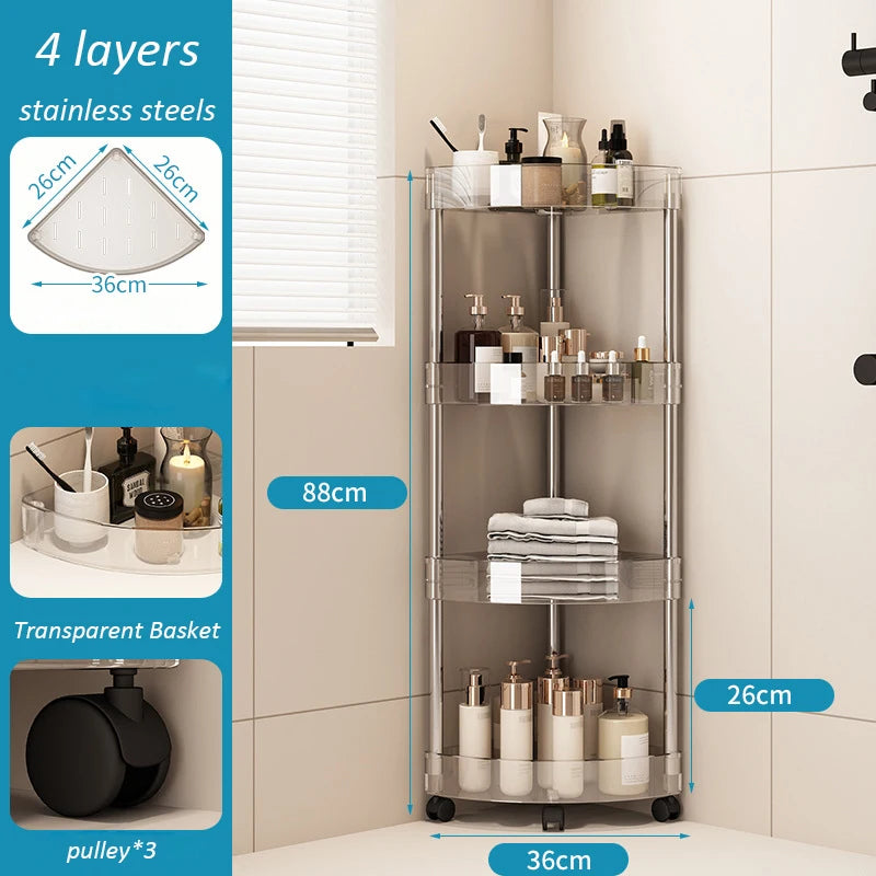 Large Capacity Acrylic Shelf Trolley – Bathroom & Kitchen Corner Storage Cart Organizer for Cosmetics and Home Essentials