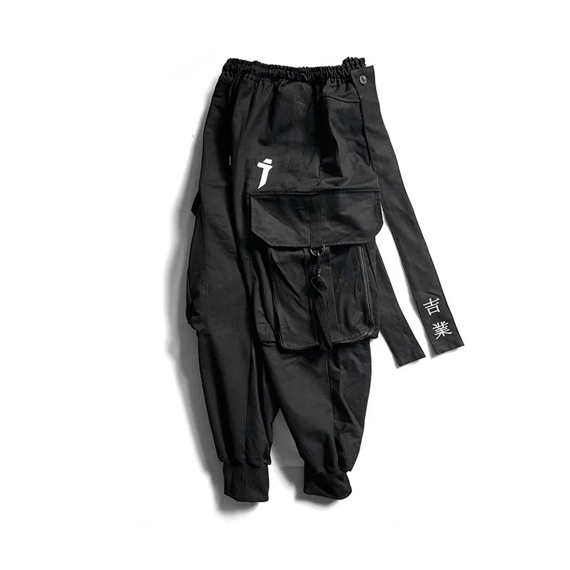 2023 Embroidered Ribbon Techwear Cargo Pants – Harajuku Punk Harem Trousers with Large Utility Pockets for Men & Women