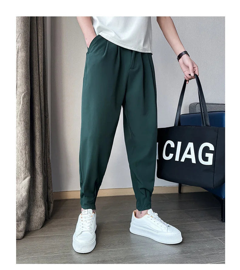 Men’s Spring & Summer Casual Solid Color Ice Silk Trousers — Korean Style Slim Ankle Pants with Zipper Detail, Smooth & Lightweight for a Handsome Look