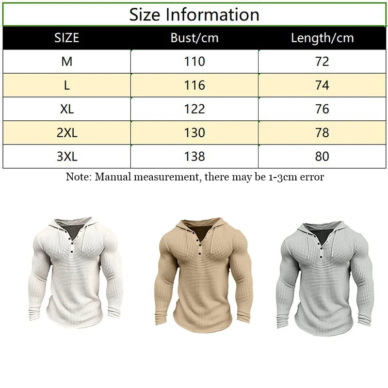 Men's Slim Fit Waffle Knit Long Sleeve Pullover – Solid Color Casual Streetwear Top, Comfortable Outdoor T-Shirt (Sizes M-3XL)