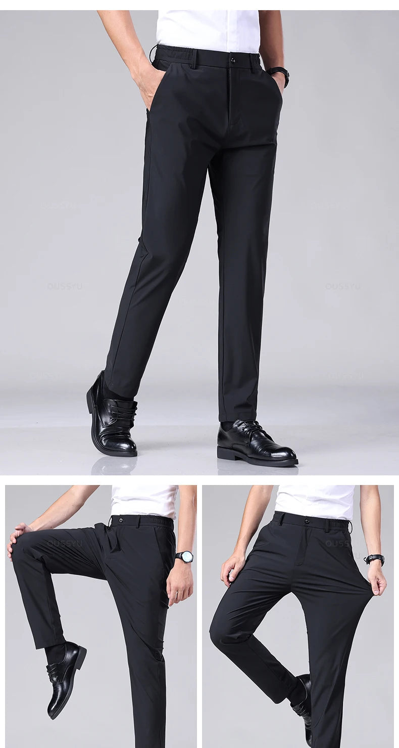 Men's Summer Classic Stretch Suit Trousers – Lightweight Business Casual Pants with Elastic Waist in Black, Gray, or Blue