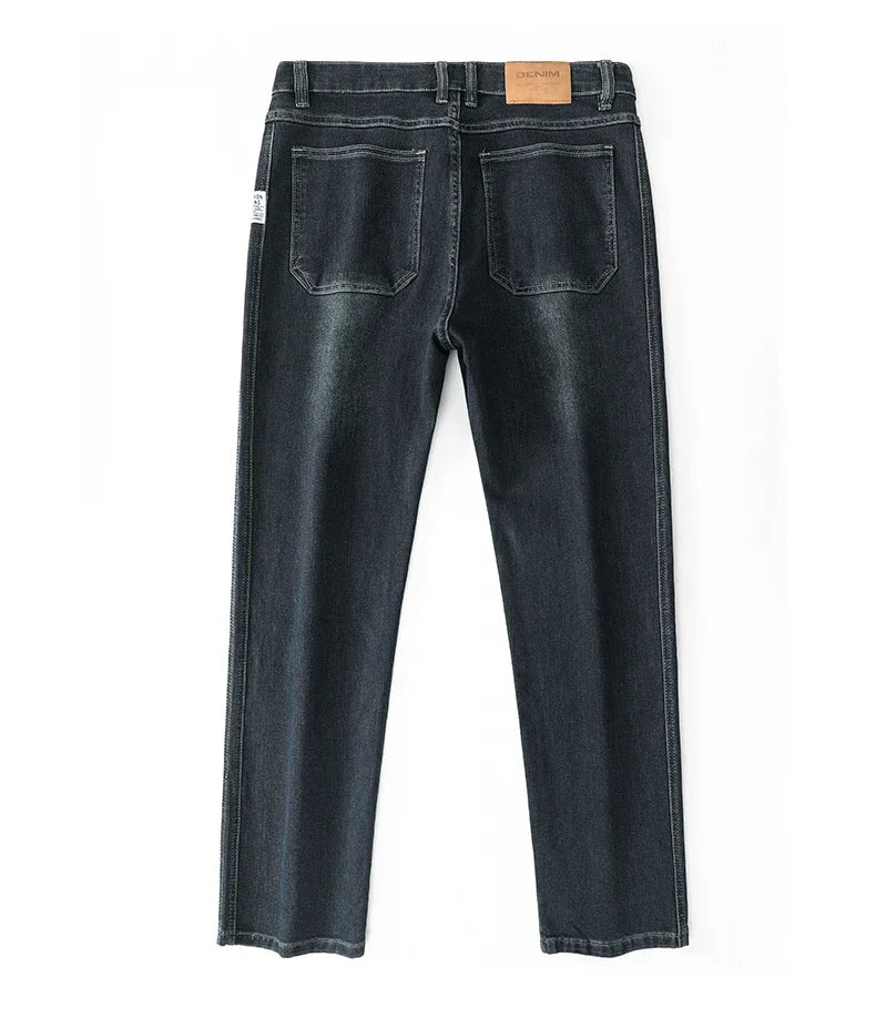 2025 Spring Men's High-Waist Spliced Washed Denim Jeans – Loose Straight Fit Stretch Cotton Blend Casual Brand Trousers 