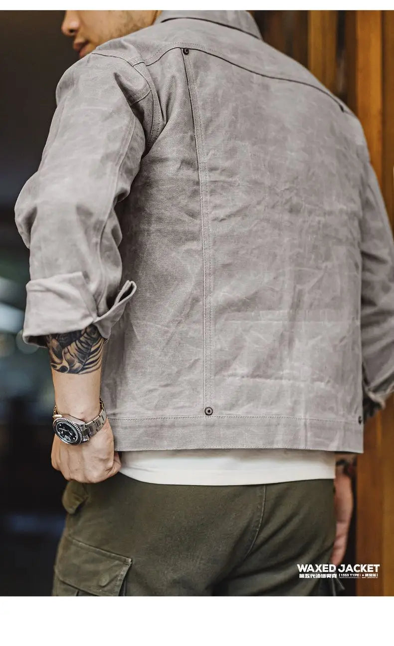 Maden Men's Vintage Grey Canvas Oil-Waxed Waterproof Hunting Jacket with Double Pleats and Patch Pockets for Autumn
