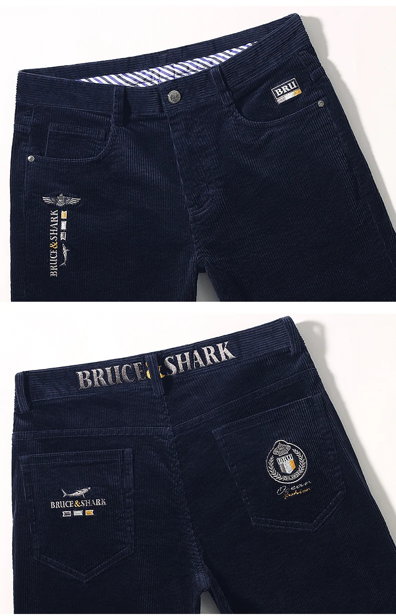 Men’s New Winter Stretch Corduroy Pants by Bruce & Shark – Thickened Cotton Casual Trousers, Loose Fit, Mid-Rise, Fashionable, Available up to Size 40