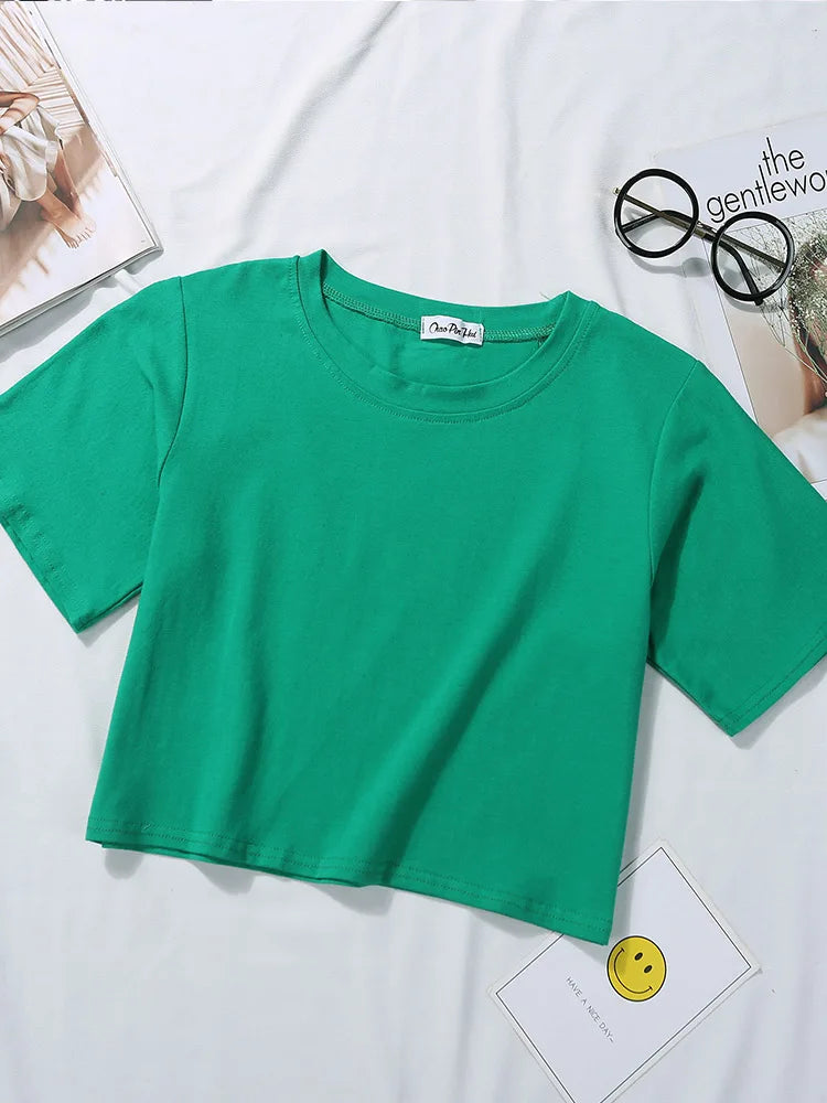 Women’s Summer Casual Cotton Short Sleeve Crop Top – Solid Color O-Neck Loose Fit T-ShirtT