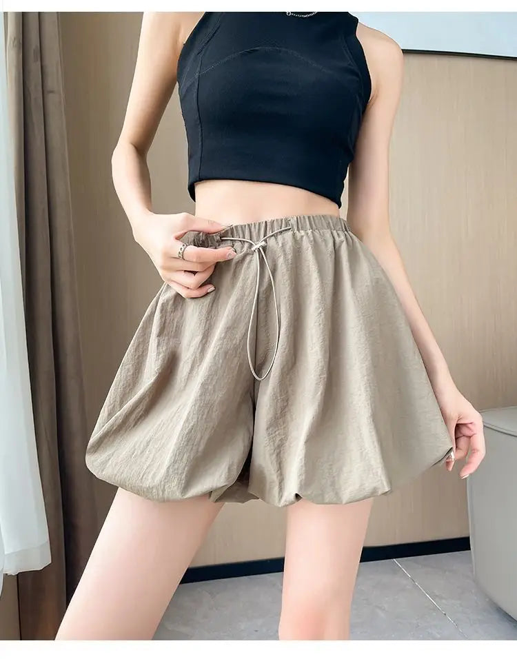 Women's High-Waist Lantern Shorts – Casual Summer Streetwear with Pockets, Relaxed Fit for Students, Youth, and Everyday Wear
