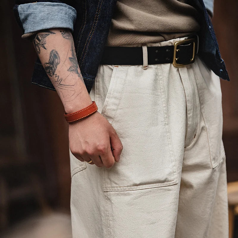 Maden Vintage Style 11.2oz White Cottonseed Hull Loose Straight-Leg Jeans for Men – Casual Spring & Autumn Chino-Inspired Cargo Trousers 