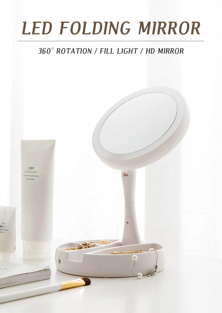 Dual-Powered LED Makeup Mirror – Portable Double-Sided Mirror with 10X Magnification, Battery/USB Operated