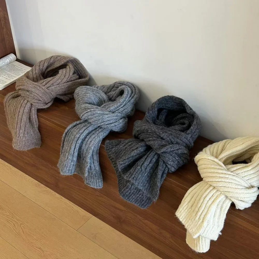 High-End Korean Style Thick Knit Scarf for Women – Warm Woolen Solid Color Winter & Autumn Wrap