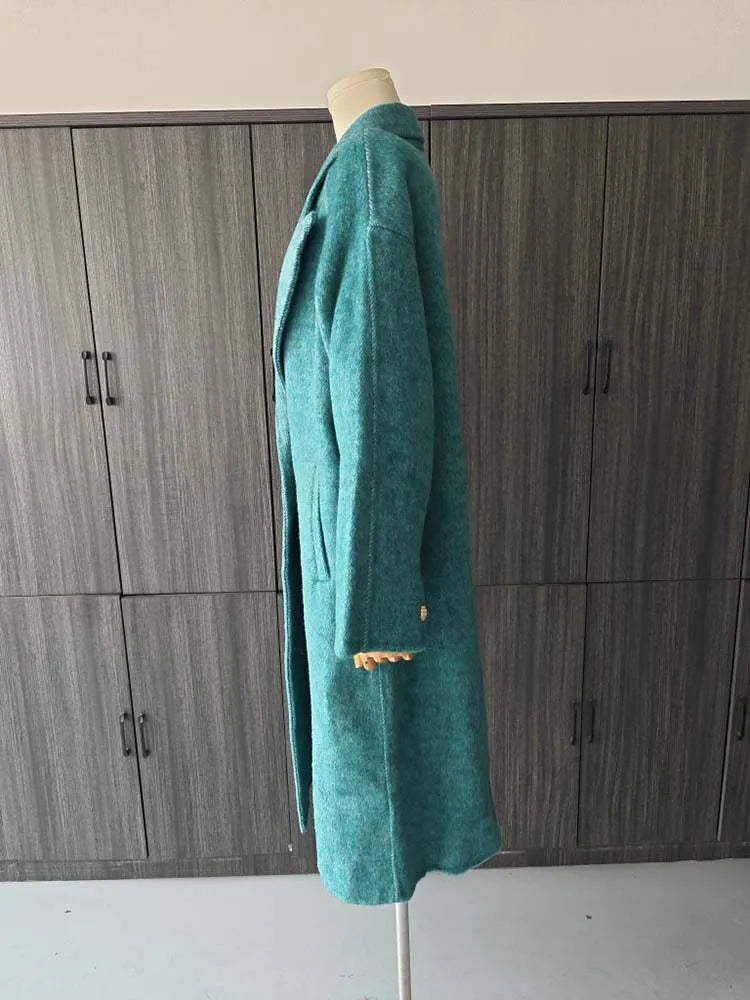 ZMEENNA Elegant Blue Wool Blend Long Winter Coat for Women – Double-Breasted Lapel Overcoat with Loose Fit and Warm Design (Model ZM3425)