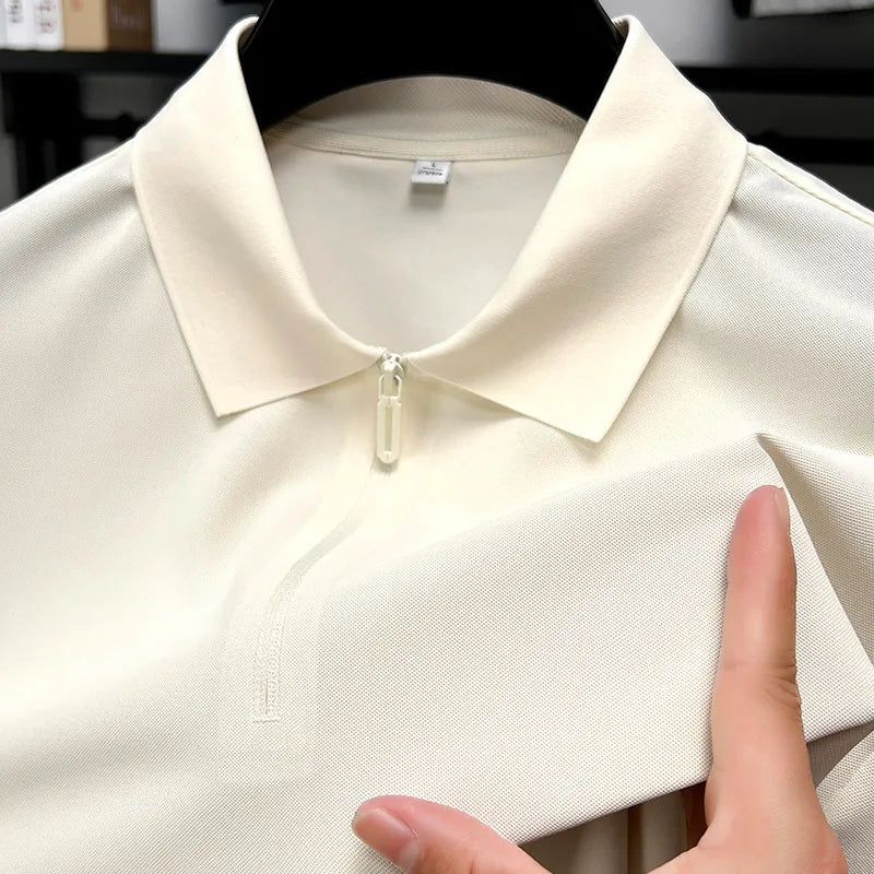Men’s Slim Fit Half-Zip Polo Shirt – Light Beige Stretch Cotton Casual Top with Classic Collar