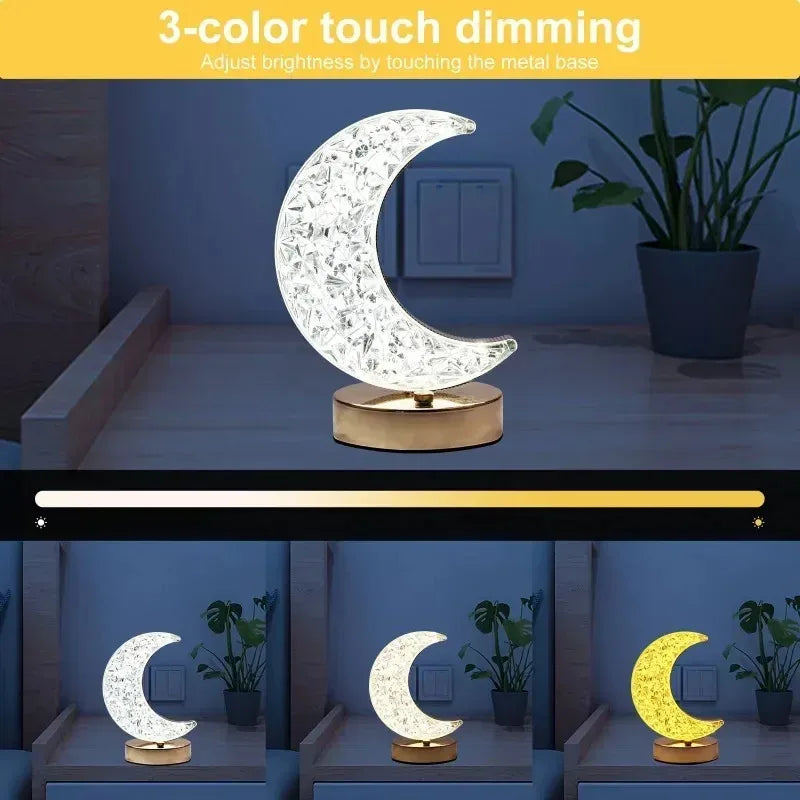 Rechargeable Crystal Touch Dimmable Night Lamp for Bedroom, Girls’ Room, USB LED Ambient Table Light with 3D Moon Design