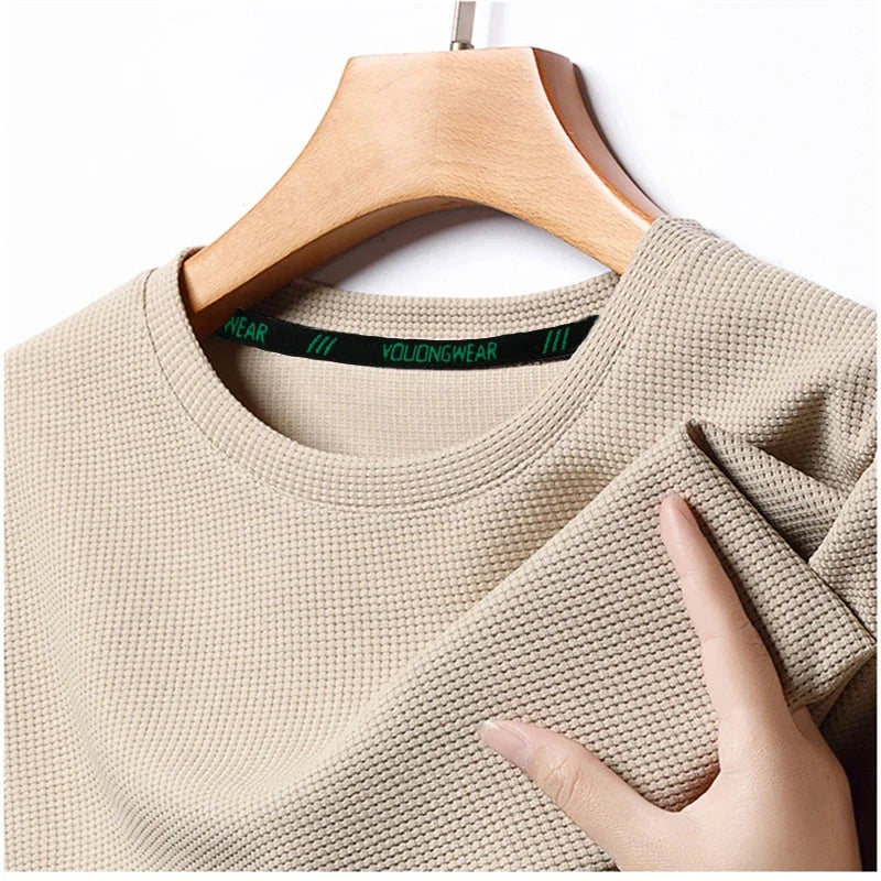 Men’s Summer Casual Waffle O-Neck Short Sleeve T-Shirt – Breathable Solid Color Fashion Tee
