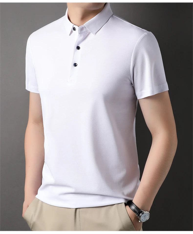 Premium Men's Polo Shirt – Luxury Summer Short Sleeve Casual Top Made with 4.7% Mulberry Silk – Plain Design, Elegant and Stylish 