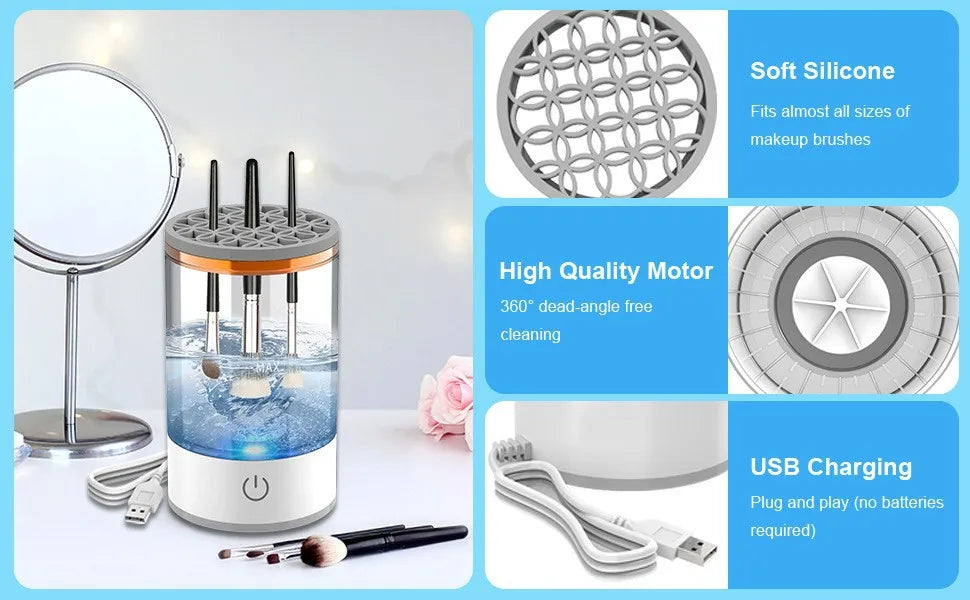Portable USB Electric 3-in-1 Makeup Brush Cleaner with Drying Rack – Fast and Easy Brush Washer