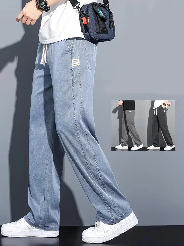 2025 Summer Men's Lightweight Lyocell Jeans – Loose Fit, Straight-Leg Casual Pants with Elastic Waist and Drawstring, Korean Style 