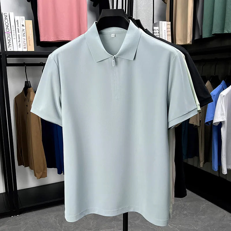 Men’s Slim Fit Half-Zip Polo Shirt – Light Beige Stretch Cotton Casual Top with Classic Collar