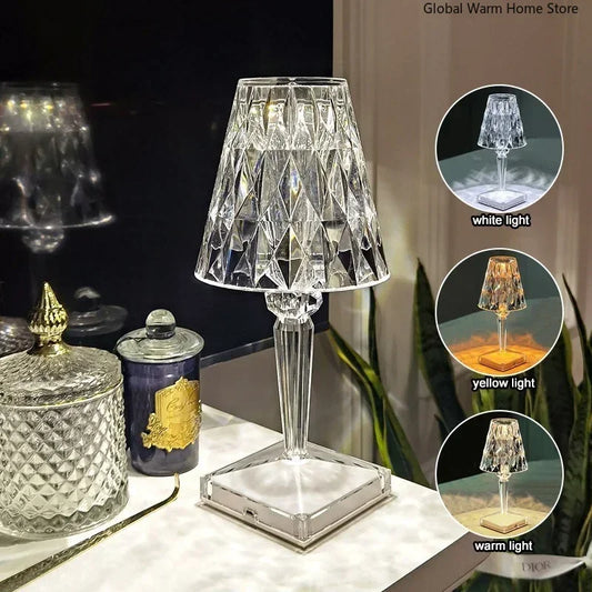USB-Powered Diamond Crystal LED Table Lamp – Acrylic Decorative Night Light for Bedroom, Living Room, or Restaurant Ambiance