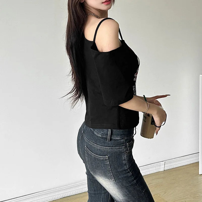Y2K Off-Shoulder Gothic Crop Tee – Women's Letter Print Punk Streetwear Top, Grunge Aesthetic Harajuku Summer T-Shirt