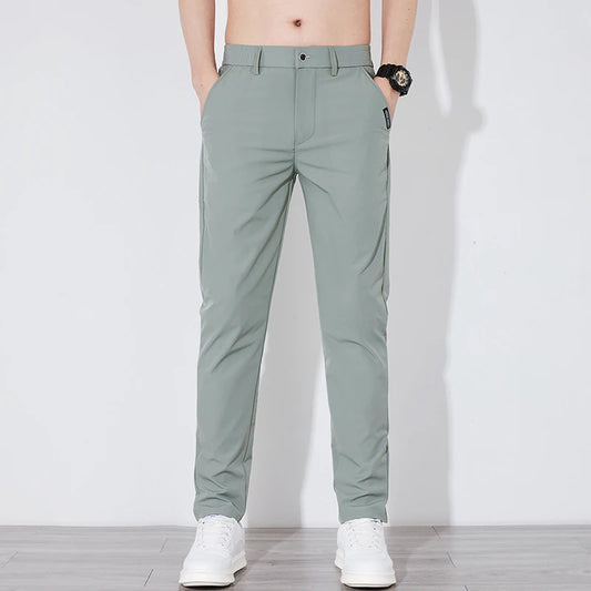 Men's Summer Silk-Feel Stretch Trousers – Lightweight Classic Business Casual Pants with Elastic Waist – Korean Style Smooth Suit Pants in Black or Gray