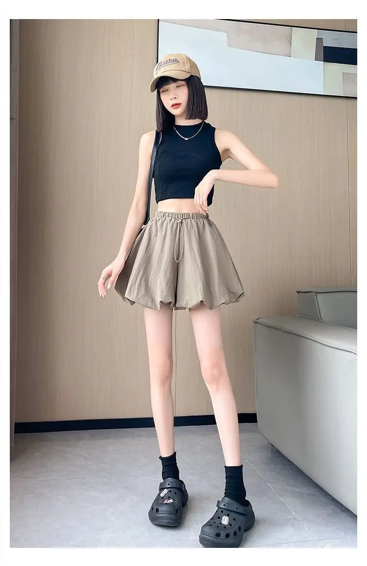 Women's High-Waist Lantern Shorts – Casual Summer Streetwear with Pockets, Relaxed Fit for Students, Youth, and Everyday Wear