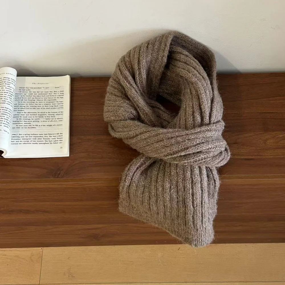 High-End Korean Style Thick Knit Scarf for Women – Warm Woolen Solid Color Winter & Autumn Wrap