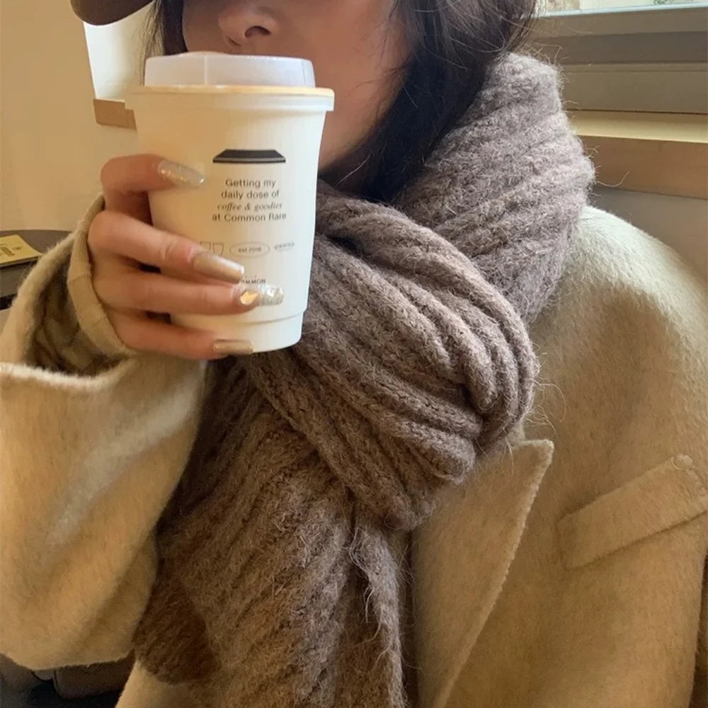 High-End Korean Style Thick Knit Scarf for Women – Warm Woolen Solid Color Winter & Autumn Wrap