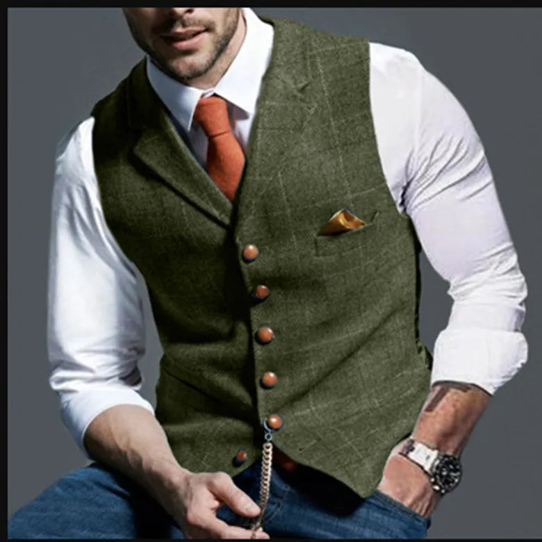 Men's Slim-Fit Plaid Suit Vest – Single-Breasted Casual Waistcoat for Spring & Autumn | European & American Commuter Style