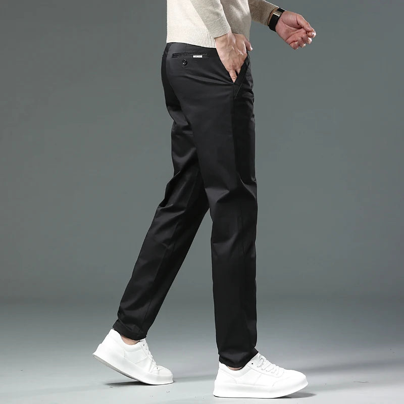 Men’s Classic Straight-Leg Cotton Trousers – 98% Cotton, Breathable Business Casual Pants with Elastic Comfort – Ideal for Spring & Summer