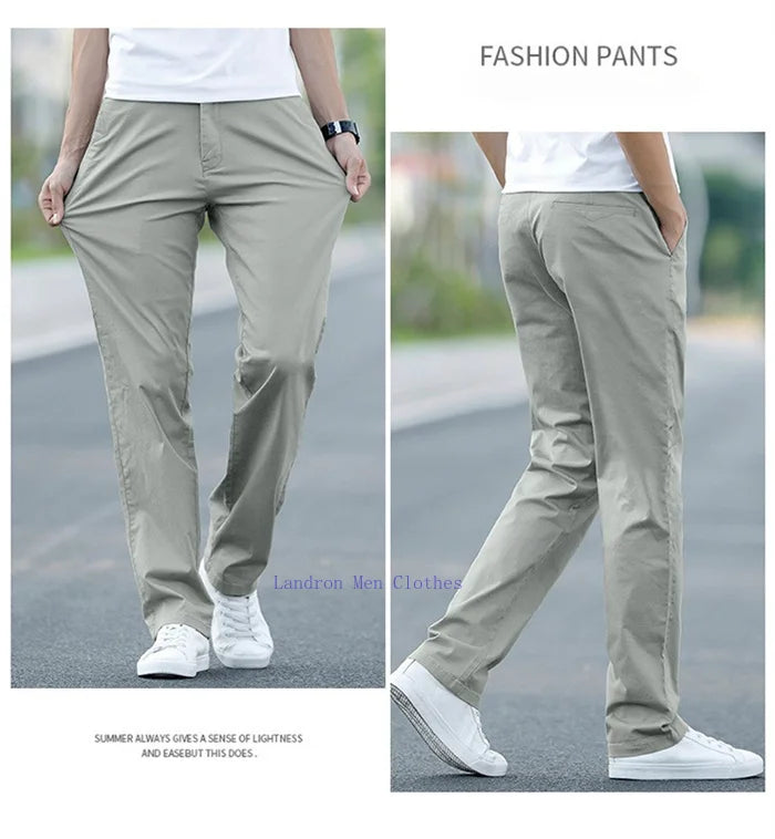 Men's Summer Lightweight Stretch Chino Pants – Loose Fit Cotton Trousers in Khaki, Blue, and Black – Plus Sizes 42 & 44