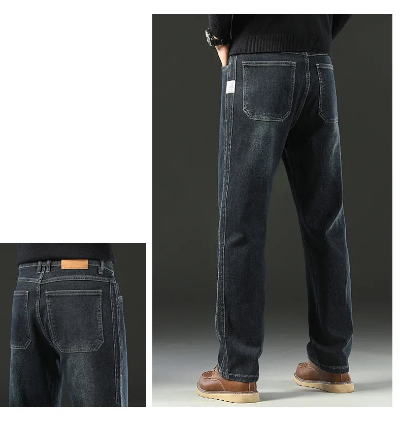 2025 Spring Men's High-Waist Spliced Washed Denim Jeans – Loose Straight Fit Stretch Cotton Blend Casual Brand Trousers 