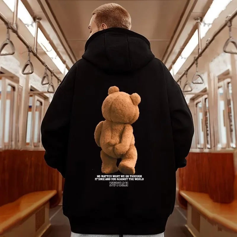 Men’s Autumn Kawaii Bear Graphic Pullover Hoodie – Hip Hop Streetwear with Pocket, Y2K Vintage Style