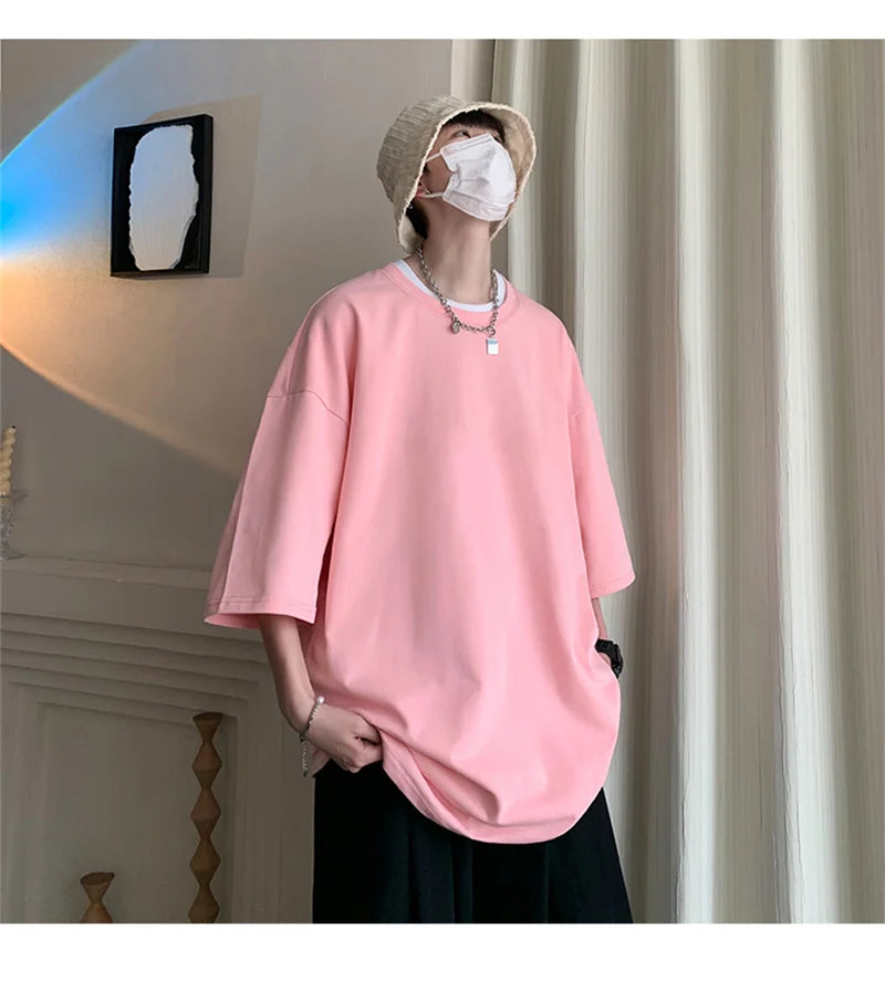 Men’s Oversized White Cotton T-Shirt – Solid Color Summer Casual Fashion Tee, Size up to 5XL