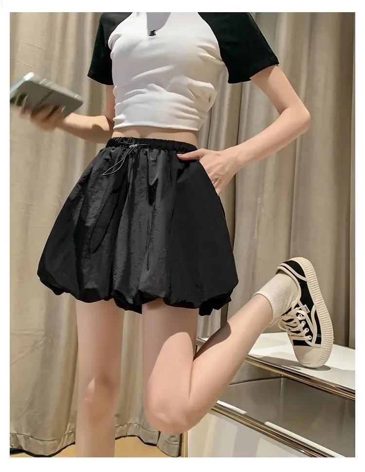 Women's High-Waist Lantern Shorts – Casual Summer Streetwear with Pockets, Relaxed Fit for Students, Youth, and Everyday Wear