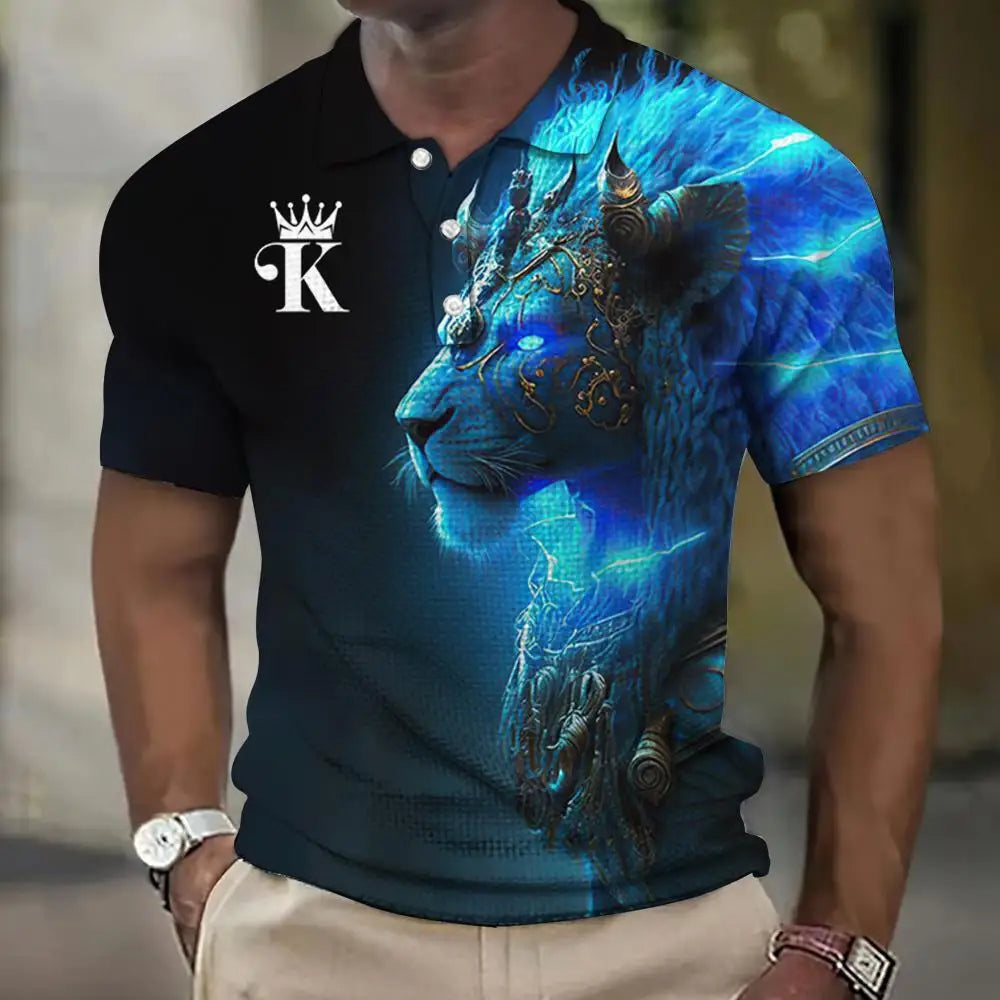 Men’s Polo Shirt with 3D Wolf & Eagle Print – High-Quality Summer Casual Loose Fit Short Sleeve Tee