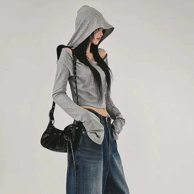 Y2K Aesthetic Women's Hooded Crop Top – Casual Streetwear Slim Fit Off-Shoulder Long Sleeve Tee with Grunge Style